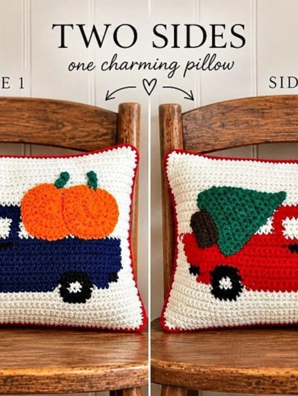 Reversible Crochet Pillow, Pumpkin Truck & Christmas Tree
